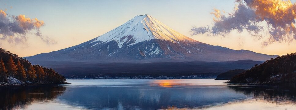 Majestic snow-capped mountain reflected in calm lake at sunset with autumn-colored trees on both shores under a partly cloudy sky