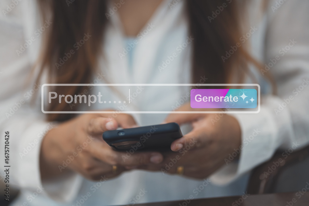 Fototapete person using smartphone with ai prompt and generate button interface, concept of artificial intellig
