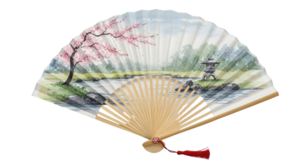 Serene Fan: An elegant hand fan adorned with an exquisite Japanese landscape scene, featuring delicate cherry blossoms and a tranquil garden.