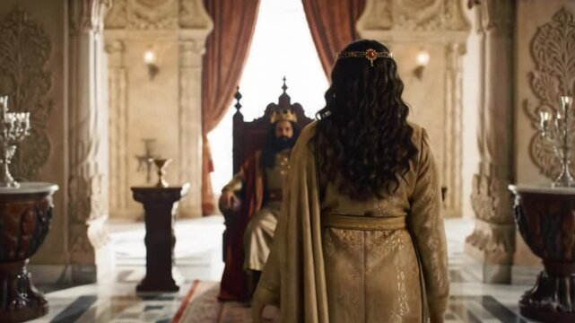 Queen Esther in Royal Golden Garments Approaching Persian King Ahasuerus or Xerxes I on Throne, to Plead for Jewish People Salvation in Ancient Palace Throne Room, Biblical Scene