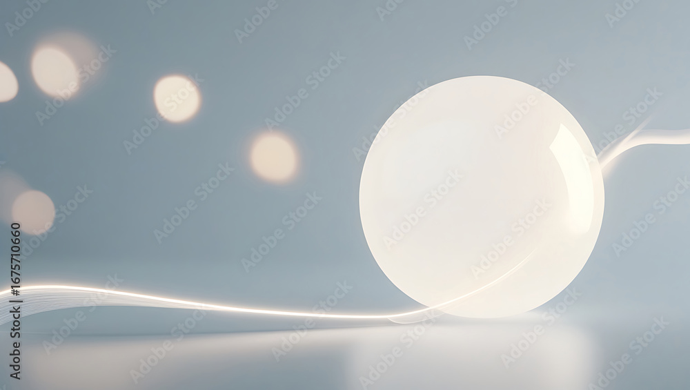 Poster close up of a bright white spherical light bulb on a delicate string of lights with soft bokeh backg