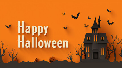 Spooky Halloween Celebration: A digitally crafted scene evokes the spirit of Halloween, featuring a haunted mansion under a spooky, orange sky, with bats fluttering and the phrase Happy Halloween.