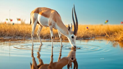 Elegant Gazelle Drinking from a Lake at Sunset.
A serene and elegant image of a gazelle with large, spiraling horns drinking from a tranquil body of water. The animal is captured mid-sip, with its hea
