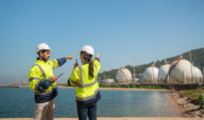 Team Mechanical engineer working and inspection gas pipeline system new construction project of...