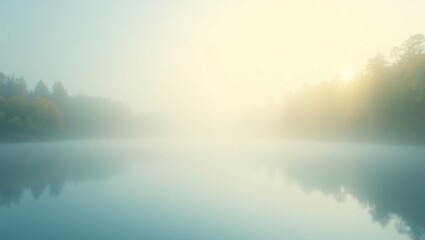Tranquil morning mist settles over a serene lake, bathed in soft, golden sunlight.