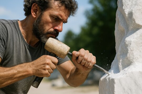 performance in creation labor concept. Craftsman chiseling stone in a sunlit outdoor setting.