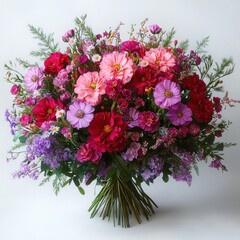 Fototapeta premium Large vibrant bouquet of various colorful flowers including pink, purple, red, and lavender blossoms with green foliage on a white background