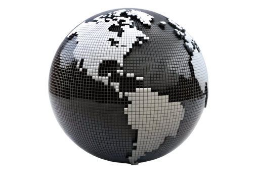 black pixelated earth png image on transparent background - Powered by Adobe