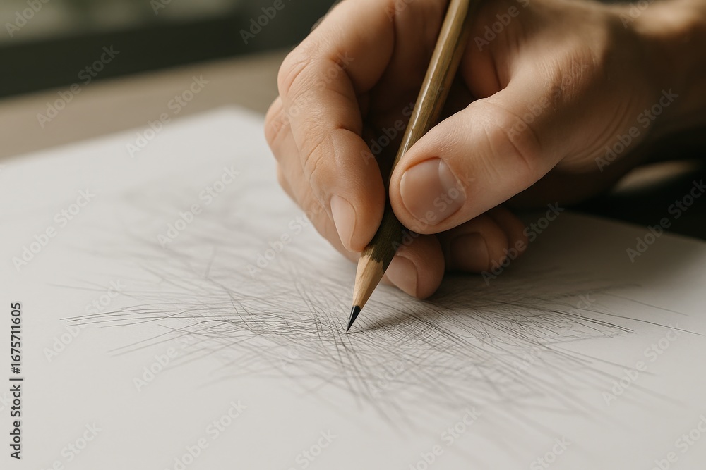 Poster performance in creation labor concept. a hand sketching lines on paper with a pencil in a creative w
