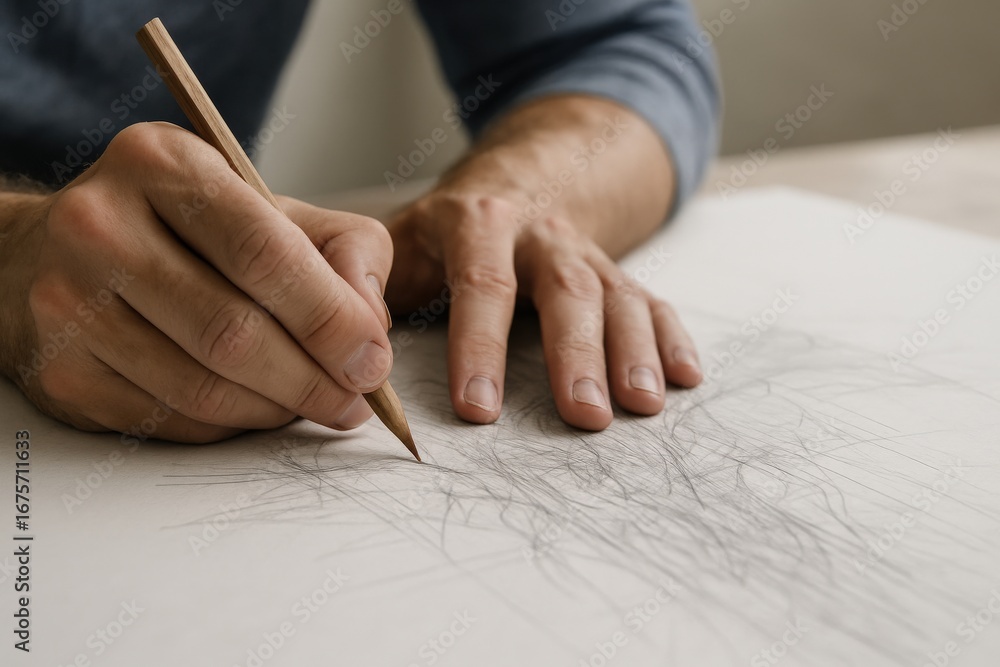 Poster performance in creation labor concept. a hand sketching on paper with a pencil, showcasing artistic 