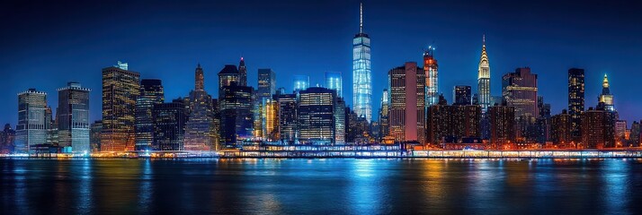 Naklejka premium Illuminated city skyline at night reflecting colorful lights on calm water with numerous skyscrapers and clear dark blue sky