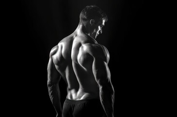 Fototapeta premium muscular man posing shirtless with back muscles flexed in dramatic black and white lighting