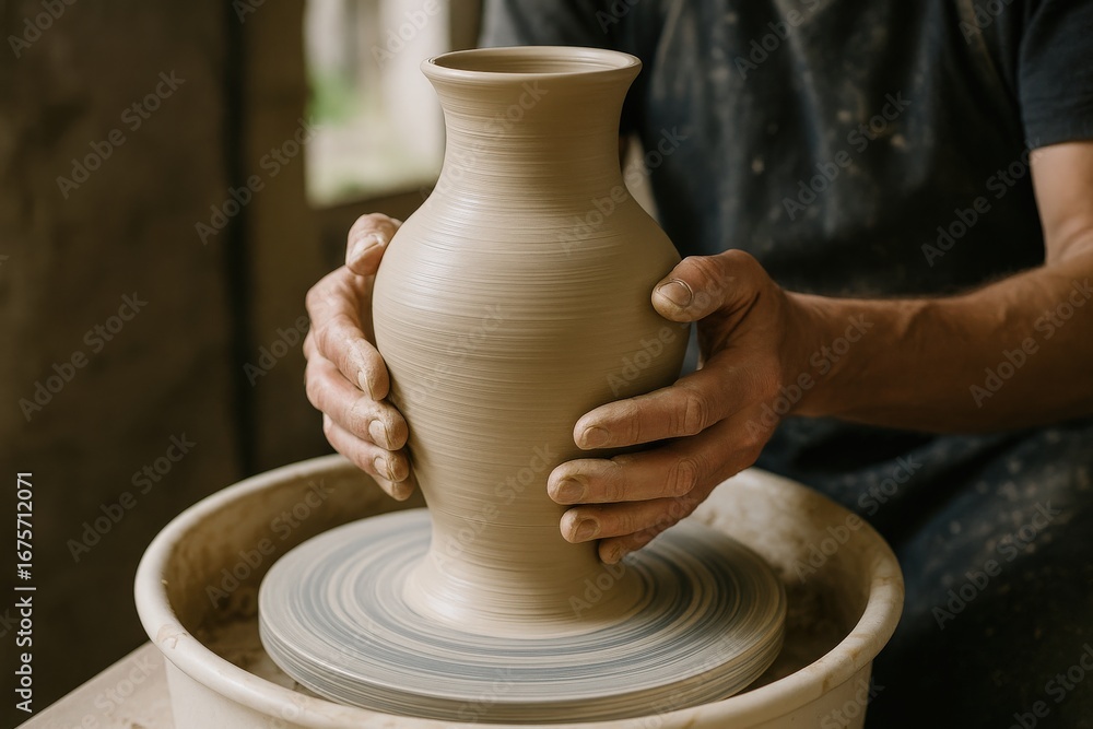 Poster performance in creation labor concept. Hands shaping a clay vase on a pottery wheel in a studio.