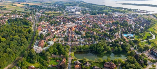 Fototapeta premium Aerial panorama of the downtown of the city Glückstadt in Germany on a sunny summer day.