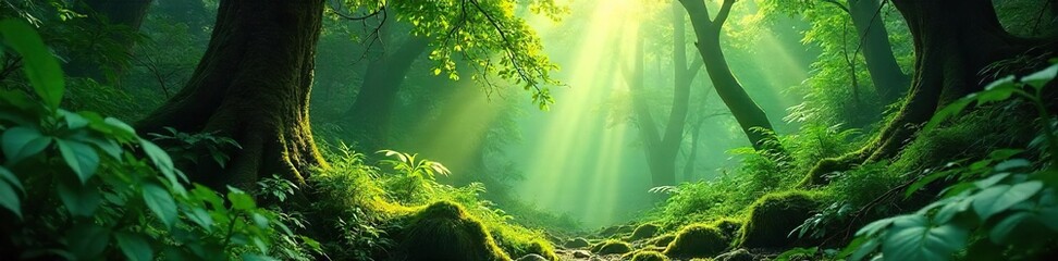 Obraz premium Lush green canopy in a vibrant rainforest, sunlight dappling through leaves onto a mossy forest floor Tranquil scene of abundant nature , jungle, humidity