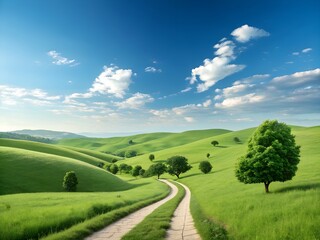Fototapeta premium Scenic green rolling hills with a winding dirt path under a bright blue sky and fluffy clouds