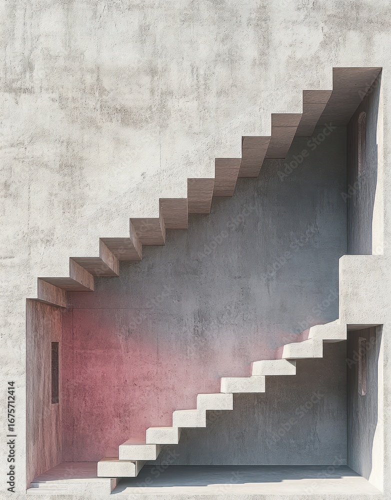 Poster minimalist architectural structure featuring two parallel zigzag staircases with sharp right angles 