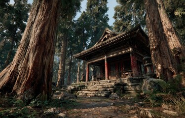Ancient Japanese shrine in a dense forest