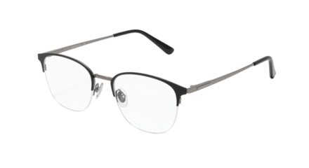 Sleek black and silver eyeglasses featuring clear lenses elegantly poised against a minimalist dark backdrop for eyewear marketing.