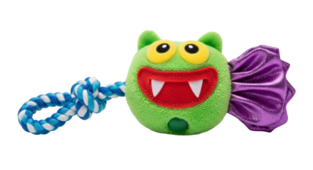 Whimsical monster dog toy with rope and bright colors ready for playing and providing joyful entertainment.