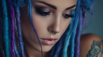 Close up portrait of a young woman with vibrant blue and purple dreadlocks and a septum piercing looking down thoughtfully
