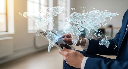 Businessman using tablet with world map hologram.