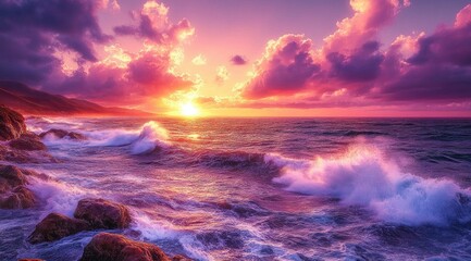 Vibrant seascape at sunset with crashing waves against rocky shoreline under dramatic pink and purple clouds