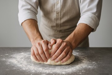 performance in creation labor concept. Baker kneading dough on a flour-dusted surface with hands.