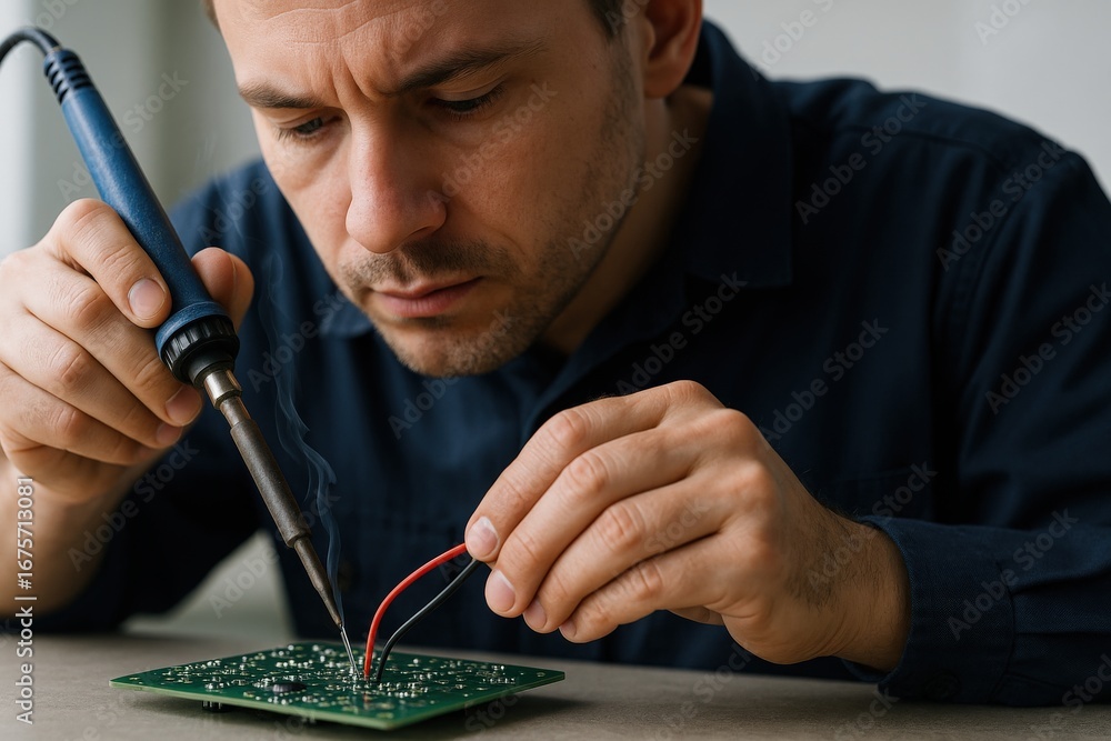 Poster performance in creation labor concept. focused technician soldering components on a circuit board.