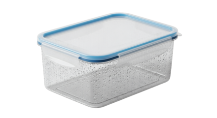 Clear food storage container with blue trim and water droplets demonstrating airtight design against a black backdrop.