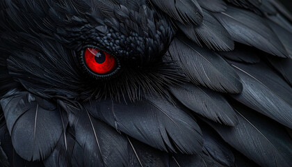 Intriguing Gaze of the Raven: A mesmerizing close-up reveals the piercing stare of a raven with deep black plumage and a vibrant red eye, full of mystery and an enigmatic presence.