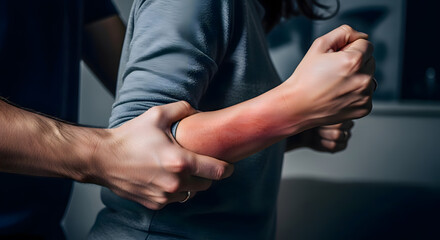 a person forcefully gripping another's arm, causing redness and pain, illustrating physical abuse, domestic violence, and aggression awareness.