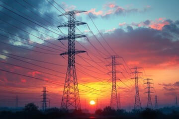 Fototapeta premium Silhouetted high voltage power lines and towers at sunset with colorful dramatic clouds and glowing sun on horizon