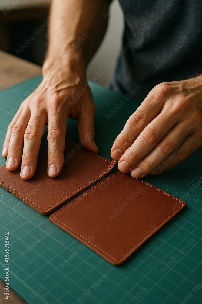 Poster performance in creation labor concept. craftsman assembling a leather wallet on a work surface.
