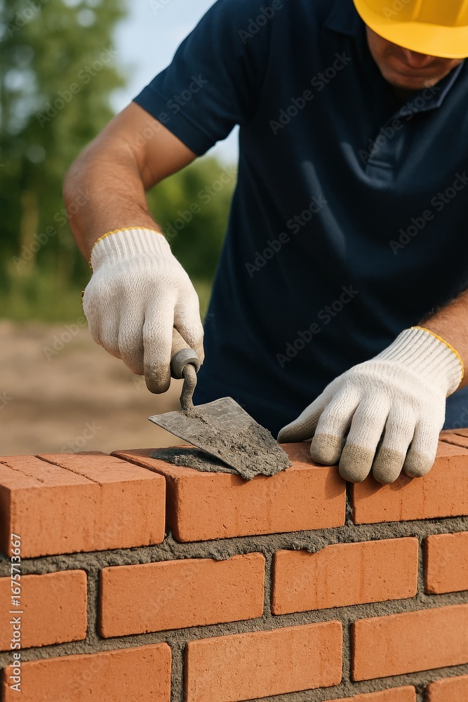 Poster performance in creation labor concept. construction worker laying bricks with a trowel on a sunny da