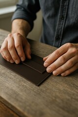 performance in creation labor concept. Hands working on a leather piece on a wooden surface.