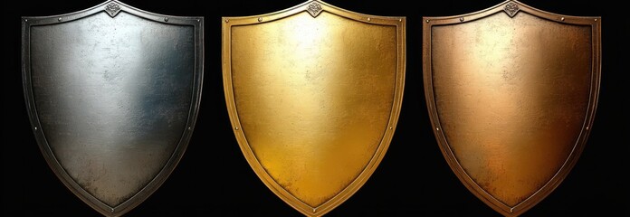 Three medieval-style metal shields in black, gold, and bronze colors displayed side by side against a black background conveying strength and protection