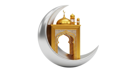 Golden mosque miniature on silver crescent moon, isolated on white, symbolizing faith and Islamic culture.