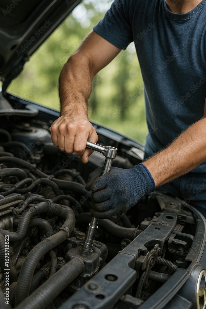 Poster performance in creation labor concept. a mechanic repairing a car engine with a wrench in a natural 