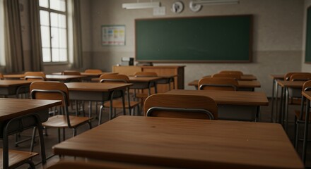 empty classroom, old-fashioned blackboard, wooden desks and chairs, sunlight streaming through windows, vintage schoolhouse atmosphere, nostalgic school setting, detailed interior, realistic lighting 