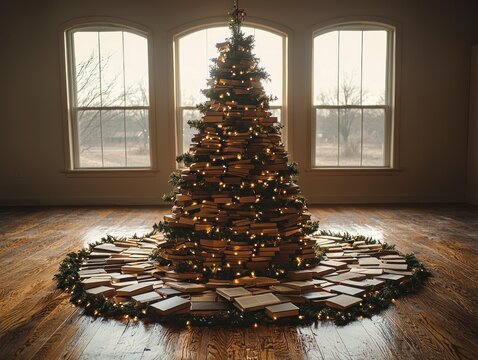 Avant-Garde Installation of Christmas Trees Made from Books in a Modern Space with Soft Lighting and Decorative Elements