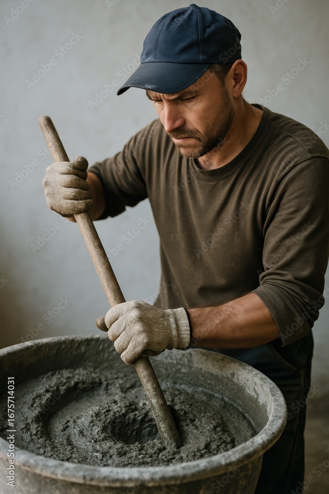 Poster performance in creation labor concept. laborer mixing concrete in a bucket with determination and fo