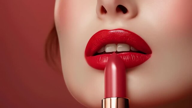 Closeup of a woman applying red lipstick with a clean background