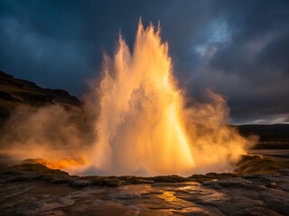 Powerful geothermal geyser erupts with fiery hot water and steam into the night sky