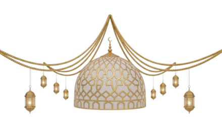 An elegant Islamic decoration with a patterned golden mosque dome, crescent moon, and hanging lanterns.