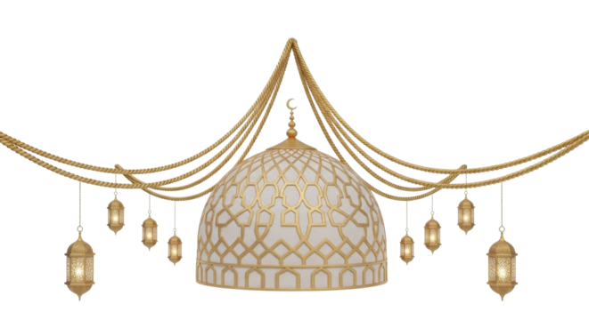 An elegant Islamic decoration with a patterned golden mosque dome, crescent moon, and hanging lanterns.