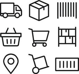 Delivery truck transporting package from warehouse with barcode and shopping cart representing logistics and distribution efficiency.