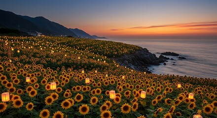 Obraz premium Sunflower field nestled on rocky coastline, lanterns glowing warmly