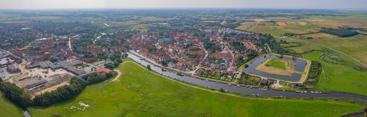Aerial panorama of the downtown of the city Ribe in Denmark on a sunny summer day.
