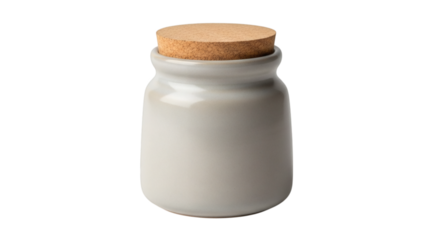 Elegant ceramic jar with natural cork lid enhancing organic pantry storage solutions, isolated against clean dark background